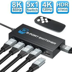 WRIARICH 8K@60Hz 5 Port HDMI Switch, 5 in 1 Out HDMI Switcher Selector Support HDR & HDCP 2.3 & Full 3D with IR Remote Control for Nintendo Switch,Xbox PS5/PS4,Fire Stick WRIARICH 8K@60Hz 5 Port HDMI Switch, 5 in 1 Out HDMI Switcher Selector Support HDR & HDCP 2.3 & Full 3D with IR Remote Control for Nintendo Switch,Xbox PS5/PS4,Fire Stick