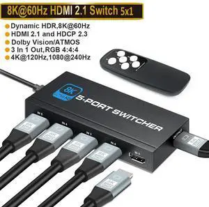 HDMI Switch 8K@60Hz, 5 Port HDMI 2.1 Switcher Selector 5 in 1 Out HDMI Switch with IR Remote Control, Supports 8K HDR10 HDCP 2.3 3D Dolby for Nintendo Switch,Xbox PS5/PS4,Fire Stick and More - OZ8Q5 HDMI Switch 8K@60Hz, 5 Port HDMI 2.1 Switcher Selector 5 in 1 Out HDMI Switch with IR Remote Control, Supports 8K HDR10 HDCP 2.3 3D Dolby for Nintendo Switch,Xbox PS5/PS4,Fire Stick and More - OZ8Q5
