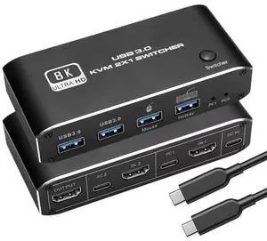 WRIARICH 8K HDMI2.1 KVM Switch, 2 in 1 Out,for 2PC Share 1 Monitor and One Keyboard Mouse and two USB3.0 Port, 8K@60Hz,hotkey,Support RGB 8:8:8,One-button switch/Hotkey switch,Dynamic HDR,VRR etc WRIARICH 8K HDMI2.1 KVM Switch, 2 in 1 Out,for 2PC Share 1 Monitor and One Keyboard Mouse and two USB3.0 Port, 8K@60Hz,hotkey,Support RGB 8:8:8,One-button switch/Hotkey switch,Dynamic HDR,VRR etc