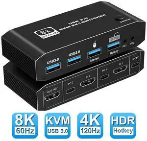 WRIARICH 8K@60Hz HDMI2.1 KVM Switch 2 in 1 Out Box, with 2 Computers 1 Monitor, 2 PCs Share 1 Set of Keyboard, Mouse, 2 USB3.0 Hubs, for Mac, Windows WRIARICH 8K@60Hz HDMI2.1 KVM Switch 2 in 1 Out Box, with 2 Computers 1 Monitor, 2 PCs Share 1 Set of Keyboard, Mouse, 2 USB3.0 Hubs, for Mac, Windows