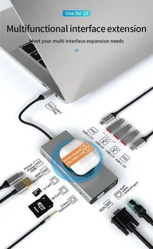 13 IN 1 USB C Hub with VGA HDMI, PD3.0,USB-C Data Port, Ethernet, SD TF Card Reader, USB3.0 Port, Mic/Audio,Wireless Charging Type C Adapter Docking Station Compatible for MacBook Air Pro and More 13 IN 1 USB C Hub with VGA HDMI, PD3.0,USB-C Data Port, Ethernet, SD TF Card Reader, USB3.0 Port, Mic/Audio,Wireless Charging Type C Adapter Docking Station Compatible for MacBook Air Pro and More
