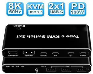 WRIARICH 8K USB C KVM Switch 2x1 , KVM Switch HDMI DP,USB KVM Switch for 2 Computers Sharing One HD Monitor and Keyboard Mouse, 100 W Power Delivery Support 8K@60Hz, 2 USB-C Cables Included WRIARICH 8K USB C KVM Switch 2x1 , KVM Switch HDMI DP,USB KVM Switch for 2 Computers Sharing One HD Monitor and Keyboard Mouse, 100 W Power Delivery Support 8K@60Hz, 2 USB-C Cables Included