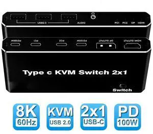 2x1 USB C KVM Switch 8K@60Hz 4K@120Hz, 2 Port Type C KVM Switch for 2 Computers Share 1 Monitor (HDMI or DP Output),2Port 100 W Power Delivery USB C KCM with 3 USB Ports + 3.5mm Audio Output 2x1 USB C KVM Switch 8K@60Hz 4K@120Hz, 2 Port Type C KVM Switch for 2 Computers Share 1 Monitor (HDMI or DP Output),2Port 100 W Power Delivery USB C KCM with 3 USB Ports + 3.5mm Audio Output