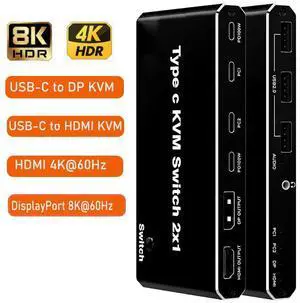 WRIARICH 2x1 USB-C KVM Switch 2 PCs Share 1 Monitor, 8K@60Hz USB C KVM Switch 3XUSB2.0+3.5mm Jack . 2 Channel Type C in 1 HDMI/DP Output. Button Switch,100W PD Charge with 2 Type-C Cables WRIARICH 2x1 USB-C KVM Switch 2 PCs Share 1 Monitor, 8K@60Hz USB C KVM Switch 3XUSB2.0+3.5mm Jack . 2 Channel Type C in 1 HDMI/DP Output. Button Switch,100W PD Charge with 2 Type-C Cables