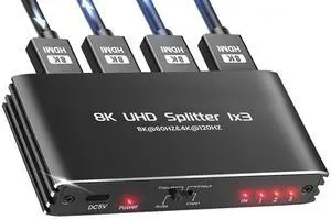 WRIARICH HDMI Splitter 1 in 3 Out - 1x3 HDMI Display Duplicate/Mirror - Powered Splitter 4K 120Hz, 8K @ 60Hz (One Input To Three Outputs) - 1 Source to 3 Identical Displays WRIARICH HDMI Splitter 1 in 3 Out - 1x3 HDMI Display Duplicate/Mirror - Powered Splitter 4K 120Hz, 8K @ 60Hz (One Input To Three Outputs) - 1 Source to 3 Identical Displays