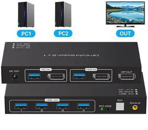8K Displayport KVM Switch DP for 2 Computers Share 1 Monitor USB 3.0 Switches PC Support 8K@60Hz 4K@144Hz 4 USB Devices Such as Keyboard Mouse Printer with Desktop Wired Controller and 2 USB Cables 8K Displayport KVM Switch DP for 2 Computers Share 1 Monitor USB 3.0 Switches PC Support 8K@60Hz 4K@144Hz 4 USB Devices Such as Keyboard Mouse Printer with Desktop Wired Controller and 2 USB Cables