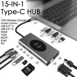 USB C Hub, 15 in 1 USB C to HDMI Adapter with Ethernet, 4K HDMI, 1080P VGA, 3 USB 3.0,4 USB 2.0,Wireless Charging, 2 SD/TF Card Reader,87W Pd Charging,3.5mm Jack hole Compatible for MacBook Pro USB C Hub, 15 in 1 USB C to HDMI Adapter with Ethernet, 4K HDMI, 1080P VGA, 3 USB 3.0,4 USB 2.0,Wireless Charging, 2 SD/TF Card Reader,87W Pd Charging,3.5mm Jack hole Compatible for MacBook Pro