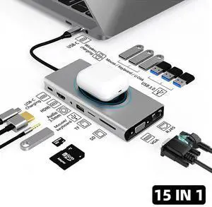 Dual Display 15 in 1 USB C Hub with VGA HDMI & DP, PD3.0, Ethernet, SD TF Card Reader, 7 USB Port, Mic/Audio,Ethernet,Wireless Charging Type C Adapter Docking Station Compatible for MacBook Air Pro Dual Display 15 in 1 USB C Hub with VGA HDMI & DP, PD3.0, Ethernet, SD TF Card Reader, 7 USB Port, Mic/Audio,Ethernet,Wireless Charging Type C Adapter Docking Station Compatible for MacBook Air Pro