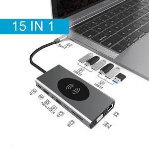 Docking Station Multiport Adapter - 15 in 1 Portable Space Aluminum Dongle with Ethernet, 4K HDMI, 1080P VGA, 3 USB 3.0,4 USB 2.0,2 SD/TF Card Reader,87W Pd Charging,3.5 Jack hole,Wireless Charging Docking Station Multiport Adapter - 15 in 1 Portable Space Aluminum Dongle with Ethernet, 4K HDMI, 1080P VGA, 3 USB 3.0,4 USB 2.0,2 SD/TF Card Reader,87W Pd Charging,3.5 Jack hole,Wireless Charging