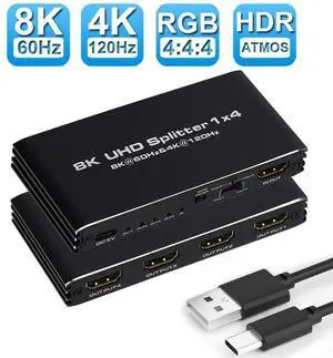 WRIARICH 8K HDMI Splitter 1 in 4 Out, 8K HDMI Splitter V2.1b Powered Audio Video Distributor Duplicate/Mirror Screen, 1x4 HDMI Splitter for TV Support 8K 60Hz 3D for Xbox, PS5, Blu-Ray Player, HDTV WRIARICH 8K HDMI Splitter 1 in 4 Out, 8K HDMI Splitter V2.1b Powered Audio Video Distributor Duplicate/Mirror Screen, 1x4 HDMI Splitter for TV Support 8K 60Hz 3D for Xbox, PS5, Blu-Ray Player, HDTV