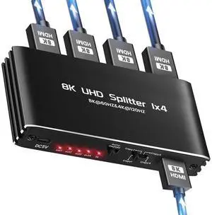 WRIARICH 4K 120Hz 1 in 4 Out HDMI Splitter - Ultra HD 8K @ 60 Hz 1x4 V. 2.1 HDCP 2.3, Power HDMI Supports 8K 3D Full HD 1080P for Xbox, PS4 PS4 Blu Ray TV HDTV - Adapter Included WRIARICH 4K 120Hz 1 in 4 Out HDMI Splitter - Ultra HD 8K @ 60 Hz 1x4 V. 2.1 HDCP 2.3, Power HDMI Supports 8K 3D Full HD 1080P for Xbox, PS4 PS4 Blu Ray TV HDTV - Adapter Included