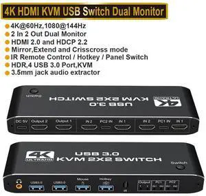 WRIARICH 4K@60Hz HDMI 2.0b KVM Switch with USB 3.0 2 in 2 Out, 2 Port KVM Switch for 2 Computers 2 Monitor, 2 PCs Share Dual Monitor, 1 Set of Keyboard, Mouse, Printer for Mac, Windows WRIARICH 4K@60Hz HDMI 2.0b KVM Switch with USB 3.0 2 in 2 Out, 2 Port KVM Switch for 2 Computers 2 Monitor, 2 PCs Share Dual Monitor, 1 Set of Keyboard, Mouse, Printer for Mac, Windows