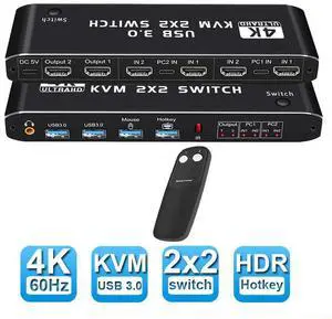 WRIARICH 4K HDMI2.0b KVM Switch, 2 in 2 Out,for 2PC Share 2 Monitor and One Keyboard Mouse and two USB3.0 Port, 4K@60Hz,hotkey,Support One-button switch/Hotkey switch,RGB 4:4:4, USB Hub, Audio WRIARICH 4K HDMI2.0b KVM Switch, 2 in 2 Out,for 2PC Share 2 Monitor and One Keyboard Mouse and two USB3.0 Port, 4K@60Hz,hotkey,Support One-button switch/Hotkey switch,RGB 4:4:4, USB Hub, Audio