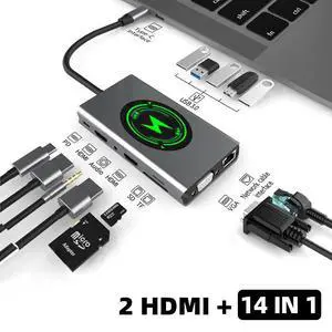 Dual Monitor USB C Docking Station, Dual HDMI & VGA Adapter, PD, Ethernet, SD TF Card Reader, 5xUSB3.0 Ports, Mic/Audio,Wireless Charging USB C Hub, Thunderbolt Dock Compatible for MacBook Air Pro Dual Monitor USB C Docking Station, Dual HDMI & VGA Adapter, PD, Ethernet, SD TF Card Reader, 5xUSB3.0 Ports, Mic/Audio,Wireless Charging USB C Hub, Thunderbolt Dock Compatible for MacBook Air Pro