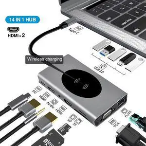 Display 14 in 1 USB C Hub with VGA Dual HDMI & DP, PD3.0, Ethernet, SD TF Card Reader, 5xUSB3.0 Port, Mic/Audio,Wireless Charging Type C Adapter Docking Station Compatible for MacBook Air Pro and More Display 14 in 1 USB C Hub with VGA Dual HDMI & DP, PD3.0, Ethernet, SD TF Card Reader, 5xUSB3.0 Port, Mic/Audio,Wireless Charging Type C Adapter Docking Station Compatible for MacBook Air Pro and More