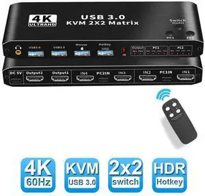 WRIARICH 2X2 4K HDMI Matrix KVM Switch,for 2PC Share 2 Monitor and One Keyboard Mouse and two USB3.0 Port, 4K@60Hz,hotkey,Support One-button switch/Hotkey switch,RGB 4:4:4, USB Hub, Audio WRIARICH 2X2 4K HDMI Matrix KVM Switch,for 2PC Share 2 Monitor and One Keyboard Mouse and two USB3.0 Port, 4K@60Hz,hotkey,Support One-button switch/Hotkey switch,RGB 4:4:4, USB Hub, Audio