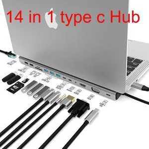 USB C Hub Multiport Adapter - 14 in 1 USB C Power Adapter; USB-C Dongle; HDMI; VGA; SD Card Reader; MicroSD Card Reader; Ethernet; 2 USB 2.0; 3 USB 3.0; 2 USB-C Data; 1 USB-C PD & Audio Jack USB C Hub Multiport Adapter - 14 in 1 USB C Power Adapter; USB-C Dongle; HDMI; VGA; SD Card Reader; MicroSD Card Reader; Ethernet; 2 USB 2.0; 3 USB 3.0; 2 USB-C Data; 1 USB-C PD & Audio Jack
