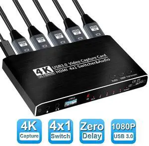 WRIARICH Portable 4K@30Hz 4x1 HDMI-compatible to HDMI & USB3.0 4K 30fps HD Video Capture Card Seamless Switch with Mic & 3.5mm Audio Durable Audio Converter Live Recording Box WRIARICH Portable 4K@30Hz 4x1 HDMI-compatible to HDMI & USB3.0 4K 30fps HD Video Capture Card Seamless Switch with Mic & 3.5mm Audio Durable Audio Converter Live Recording Box