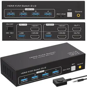 8K KVM Switch HDMI 2 Monitors 2 Computers Support 8K@60Hz 4K@120Hz KVM Switcher PC Display Share 2 Monitors and 4 USB 3.0 Support Copy and Extend Mode Includes Desktop Control and Power Adapte 8K KVM Switch HDMI 2 Monitors 2 Computers Support 8K@60Hz 4K@120Hz KVM Switcher PC Display Share 2 Monitors and 4 USB 3.0 Support Copy and Extend Mode Includes Desktop Control and Power Adapte