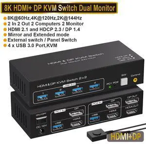 WRIARICH 8K@60Hz HDMI DP Dual Monitor kvm Switch 2 Monitors 2 Computers 4K@120Hz USB 3.0 Extended Display KVM switcher with 4 USB Ports Wired Controller 12V DC Adapter 2 USB Cables Included WRIARICH 8K@60Hz HDMI DP Dual Monitor kvm Switch 2 Monitors 2 Computers 4K@120Hz USB 3.0 Extended Display KVM switcher with 4 USB Ports Wired Controller 12V DC Adapter 2 USB Cables Included