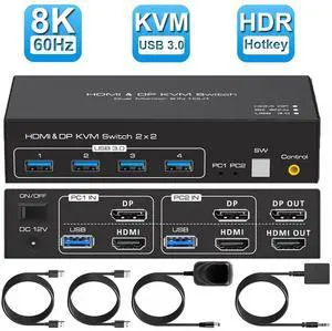WRIARICH 8K Dual Monitor HDMI DP KVM Switch 8K@60Hz, USB HDMI DisplayPort Extended Display Switcher for 2 Computers Share 2 Monitors and 4 USB 3.0 Hub,Desktop Controller and USB HDMI Cables Included WRIARICH 8K Dual Monitor HDMI DP KVM Switch 8K@60Hz, USB HDMI DisplayPort Extended Display Switcher for 2 Computers Share 2 Monitors and 4 USB 3.0 Hub,Desktop Controller and USB HDMI Cables Included