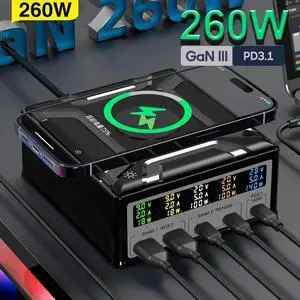 WRIARICH 260W GAN USB Charging Station, 5-Port Charging Hub for Multiple Devices, 140W PD3.1 Fast Charging Laptop Power Adapter for Mobile Phones, Tablets Smartphones, Home Office Use WRIARICH 260W GAN USB Charging Station, 5-Port Charging Hub for Multiple Devices, 140W PD3.1 Fast Charging Laptop Power Adapter for Mobile Phones, Tablets Smartphones, Home Office Use
