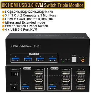 WRIARICH 8K KVM Switch HDMI 3 Monitors 2 Computers Support 8K@60Hz 4K@120Hz KVM Switcher PC Display Share 3 Monitors and 4 USB 3.0 Support Copy and Extend Mode Includes Desktop Control WRIARICH 8K KVM Switch HDMI 3 Monitors 2 Computers Support 8K@60Hz 4K@120Hz KVM Switcher PC Display Share 3 Monitors and 4 USB 3.0 Support Copy and Extend Mode Includes Desktop Control