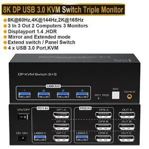 WRIARICH 8K@60Hz Displayport Triple Monitor kvm Switch 3 Monitors 2 Computers 4K@120Hz USB 3.0 Extended Display DP KVM switcher with 4 USB Ports Wired Controller 12V DC Adapter and USB Cables Included WRIARICH 8K@60Hz Displayport Triple Monitor kvm Switch 3 Monitors 2 Computers 4K@120Hz USB 3.0 Extended Display DP KVM switcher with 4 USB Ports Wired Controller 12V DC Adapter and USB Cables Included