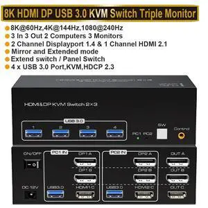 WRIARICH 8K 2DP+HDMI KVM Switch 3 Monitors 2 Computers Support 8K@60Hz 4K@120Hz Displayport HDMI KVM Switcher PC Display Share 3 Monitors and 4 USB 3.0 Support Copy and Extend Mode WRIARICH 8K 2DP+HDMI KVM Switch 3 Monitors 2 Computers Support 8K@60Hz 4K@120Hz Displayport HDMI KVM Switcher PC Display Share 3 Monitors and 4 USB 3.0 Support Copy and Extend Mode