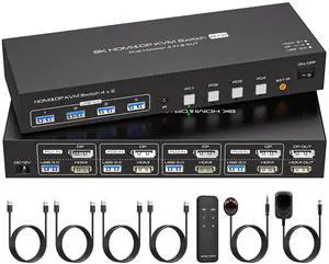 WRIARICH Dual Monitor HDMI+DP KVM Switch 2 Port 8K@60Hz, USB HDMI DisplayPort Extended Display Switcher for 4 Computers Share 2 Monitors and 4 USB 3.0 Hub WRIARICH Dual Monitor HDMI+DP KVM Switch 2 Port 8K@60Hz, USB HDMI DisplayPort Extended Display Switcher for 4 Computers Share 2 Monitors and 4 USB 3.0 Hub