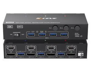 HDMI + Displayport KVM Switch 2 Monitors 3 Computers 8K@60Hz 4K@144Hz, Camgeet Dual Monitor KVM Switch with 4 USB 3.0 Port for Keyboard Mouse Printer,Wired Remote,Power Adapter and USB Cables Included HDMI + Displayport KVM Switch 2 Monitors 3 Computers 8K@60Hz 4K@144Hz, Camgeet Dual Monitor KVM Switch with 4 USB 3.0 Port for Keyboard Mouse Printer,Wired Remote,Power Adapter and USB Cables Included