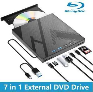 7 in 1 External Blu-ray Drive, USB 3.0 Type-C Optical External Blueray/DVD Drive Burner with SD/TF Port, Support 100G Bluray Disc R/W for PC Compatible with Windows XP/7/8/10/11 Mac Laptop Desktop 7 in 1 External Blu-ray Drive, USB 3.0 Type-C Optical External Blueray/DVD Drive Burner with SD/TF Port, Support 100G Bluray Disc R/W for PC Compatible with Windows XP/7/8/10/11 Mac Laptop Desktop