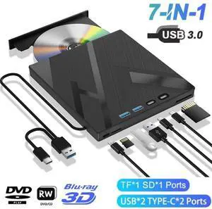 WRIARICH 7 in 1 External Bluray Drive, USB 3.0 Type-C Optical External Blu-ray DVD Drive Burner with SD/TF Port, Support 100G Disc R/W for PC Compatible with Windows XP/7/8/10/11 Mac Laptop Desktop WRIARICH 7 in 1 External Bluray Drive, USB 3.0 Type-C Optical External Blu-ray DVD Drive Burner with SD/TF Port, Support 100G Disc R/W for PC Compatible with Windows XP/7/8/10/11 Mac Laptop Desktop