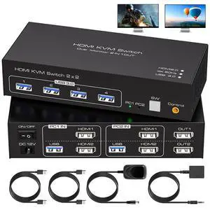 2 Port HDMI Dual Monitor KVM Switch 2 Monitors 2 Computers 4K@60Hz, USB 3.0 KVM Switches for 2 PC or Laptops Share 1 Set of Keyboard Mouse Printer and Scanner Support Extended & Duplicate Mode 2 Port HDMI Dual Monitor KVM Switch 2 Monitors 2 Computers 4K@60Hz, USB 3.0 KVM Switches for 2 PC or Laptops Share 1 Set of Keyboard Mouse Printer and Scanner Support Extended & Duplicate Mode