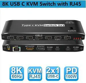 2x1 Type-C KVM Switch 8K@60Hz 2 in 1 Out, 2 Ports 8K Thunderbolt 4 USB C KVM Switch with Ethernet RJ45 100W PD Charge 3.5mm Audio Jack, Type C KVM Switch Switcher for 2 Computer 1 Monitor, Smart EDID 2x1 Type-C KVM Switch 8K@60Hz 2 in 1 Out, 2 Ports 8K Thunderbolt 4 USB C KVM Switch with Ethernet RJ45 100W PD Charge 3.5mm Audio Jack, Type C KVM Switch Switcher for 2 Computer 1 Monitor, Smart EDID