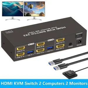 HDMI KVM Switch 2 Computers 2 Monitors, Dual Monitor HDMI KVM Switch 2 in 2 Out, 4K 60Hz, Dual HDMI Outputs with 4 USB 3.0 Ports to Share Keyboard Mouse Printer etc, Supports Extended/Copy Mode HDMI KVM Switch 2 Computers 2 Monitors, Dual Monitor HDMI KVM Switch 2 in 2 Out, 4K 60Hz, Dual HDMI Outputs with 4 USB 3.0 Ports to Share Keyboard Mouse Printer etc, Supports Extended/Copy Mode