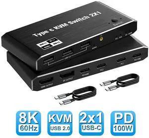 2x1 USB C KVM Switch 8K @60Hz, 2 Port Type C KVM Switch for 2 Computers Share 1 Monitor, 2 Type C in HDMI + DP Out, USB C KVM Switch with 3 USB 2.0 Ports & 100W Power Delivery, 2 USB-C Cables Included 2x1 USB C KVM Switch 8K @60Hz, 2 Port Type C KVM Switch for 2 Computers Share 1 Monitor, 2 Type C in HDMI + DP Out, USB C KVM Switch with 3 USB 2.0 Ports & 100W Power Delivery, 2 USB-C Cables Included