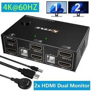 Dual Monitor HDMI KVM Switch, USB HDMI Extended Display Switcher for 2 PCs Share 2 Monitors and 4 USB 2.0 Hub, 2 Port HDMI Dual Monitor KVM Switch 2 in 2 Out, Desktop Controller and USB Cable Included Dual Monitor HDMI KVM Switch, USB HDMI Extended Display Switcher for 2 PCs Share 2 Monitors and 4 USB 2.0 Hub, 2 Port HDMI Dual Monitor KVM Switch 2 in 2 Out, Desktop Controller and USB Cable Included