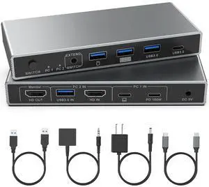 WRIARICH USB-C + HDMI KVM Switch 2 in 1 Out with 3 USB A+1 USB C 3.0 Ports, 4K@60Hz Aluminum HDMI KVM Switch for 1 Laptop & 1 Desktop Share 1 Monitor Keyboard Mouse Printer, with USB Cables/Controller WRIARICH USB-C + HDMI KVM Switch 2 in 1 Out with 3 USB A+1 USB C 3.0 Ports, 4K@60Hz Aluminum HDMI KVM Switch for 1 Laptop & 1 Desktop Share 1 Monitor Keyboard Mouse Printer, with USB Cables/Controller