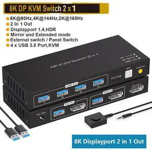 2 Port Displayport KVM Switch 2 in 1 Out, Support 4K @120HZ 8K @60HZ DP 1.4 USB 3.0 KVM Switcher for 2 Computers Share Keyboard Mouse Printer with 4x USB 3.0 Includes Desktop Control and 2 USB Cables 2 Port Displayport KVM Switch 2 in 1 Out, Support 4K @120HZ 8K @60HZ DP 1.4 USB 3.0 KVM Switcher for 2 Computers Share Keyboard Mouse Printer with 4x USB 3.0 Includes Desktop Control and 2 USB Cables