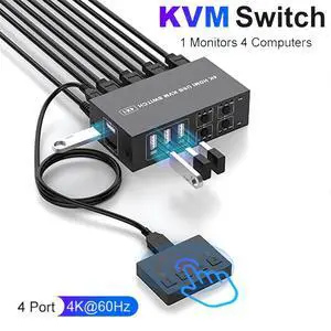 USB HDMI KVM Switch 4K@60Hz for 4 Computers Share 1 Monitor, 4 in 1 Out HDMI KVM Switch 4 Port with 4 USB 2.0 Ports Share Keyboard Mouse, with EDID Adaptive,Support Button Switch, Plug and Play USB HDMI KVM Switch 4K@60Hz for 4 Computers Share 1 Monitor, 4 in 1 Out HDMI KVM Switch 4 Port with 4 USB 2.0 Ports Share Keyboard Mouse, with EDID Adaptive,Support Button Switch, Plug and Play