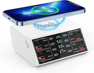 WRIARICH 100W 8-Port Type C PD & USB Charging Station for Multiple Devices with 4 USB QC 3.0 + 4 USB C PD Ports, Wireless Charger, Multi Port USB PD Fast Charging Hub for i-Phone, Android Cellphones.. WRIARICH 100W 8-Port Type C PD & USB Charging Station for Multiple Devices with 4 USB QC 3.0 + 4 USB C PD Ports, Wireless Charger, Multi Port USB PD Fast Charging Hub for i-Phone, Android Cellphones..
