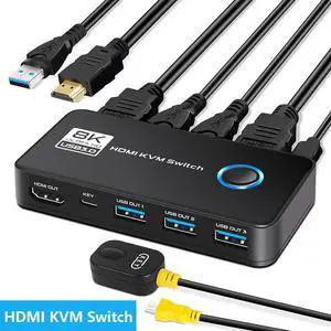 8K@60Hz HDMI 2.1 USB 3.0 KVM Switch for 1 Monitor 2 Computers, with 3 USB 3.0 Ports for Sharing Monitor, Keyboard, Mouse, Hard Drives, and Printer Includes 2 HDMI & USB Cables, and Controller 8K@60Hz HDMI 2.1 USB 3.0 KVM Switch for 1 Monitor 2 Computers, with 3 USB 3.0 Ports for Sharing Monitor, Keyboard, Mouse, Hard Drives, and Printer Includes 2 HDMI & USB Cables, and Controller