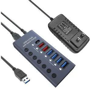 WRIARICH Aluminum Powered USB 3.0 Hub, 7-Port USB Hub Splitter (4 USB 3.0 Data Transmission Ports + 2 Smart Charging Ports + 1 PD Charging Port), with 36W (12V/3A) Power Adapter and Independent Switch WRIARICH Aluminum Powered USB 3.0 Hub, 7-Port USB Hub Splitter (4 USB 3.0 Data Transmission Ports + 2 Smart Charging Ports + 1 PD Charging Port), with 36W (12V/3A) Power Adapter and Independent Switch