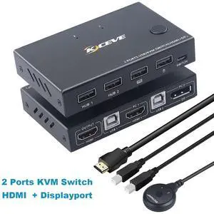 2 Ports Displayport HDMI KVM Switch Box, USB Displayport and HDMI KVM Switcher for 2 Computers Sharing One HD Monitor and 4 USB Devices Keyboard Mouse Printer, with DP to HD MI Adapter Function 2 Ports Displayport HDMI KVM Switch Box, USB Displayport and HDMI KVM Switcher for 2 Computers Sharing One HD Monitor and 4 USB Devices Keyboard Mouse Printer, with DP to HD MI Adapter Function