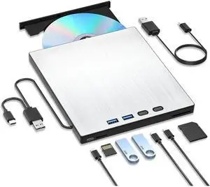 7-in-1 External CD DVD Drive, USB 3.0 Type-C CD/DVD Drive External USB with SD/TF Card Reader, External CD Drive for Laptop, Portable External DVD Burner for Windows XP/7/8/10/11, Linux, MacOS 7-in-1 External CD DVD Drive, USB 3.0 Type-C CD/DVD Drive External USB with SD/TF Card Reader, External CD Drive for Laptop, Portable External DVD Burner for Windows XP/7/8/10/11, Linux, MacOS