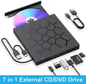 External CD/DVD Drive for Laptop, 7 IN 1 USB 3.0 Type C Portable DVD Player, CD ROM Burner Writer, External Disk Drive, Optical Drive Compatible with Laptop, PC, MacBook, Windows, Mac, Linux OS External CD/DVD Drive for Laptop, 7 IN 1 USB 3.0 Type C Portable DVD Player, CD ROM Burner Writer, External Disk Drive, Optical Drive Compatible with Laptop, PC, MacBook, Windows, Mac, Linux OS