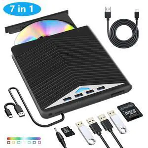 7 in 1 External CD DVD Drive - External CD/DVD Drive for Laptop, USB 3.0 and Type-C Portable CD DVD +/-Rw Drive Reader, DVD/CD ROM Burner Rewriter for Laptop PC Windows 11/10/8.1/7/Linux, MacOS 7 in 1 External CD DVD Drive - External CD/DVD Drive for Laptop, USB 3.0 and Type-C Portable CD DVD +/-Rw Drive Reader, DVD/CD ROM Burner Rewriter for Laptop PC Windows 11/10/8.1/7/Linux, MacOS