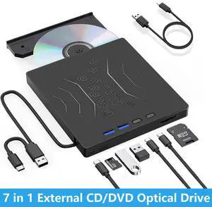 USB 3.0 & USB C 7 in 1 External CD DVD Drive, Portable CD/DVD +/-RW Burner for Laptop & Desktop - Plug & Play, Ultra Slim Design, Fast Burning, Compatible with Windows 11/10/8/7, Mac OS, Linux USB 3.0 & USB C 7 in 1 External CD DVD Drive, Portable CD/DVD +/-RW Burner for Laptop & Desktop - Plug & Play, Ultra Slim Design, Fast Burning, Compatible with Windows 11/10/8/7, Mac OS, Linux