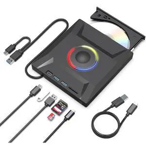 6 in 1 External DVD Drive, USB 3.0 & Type-C CD Burner Player with 3 USB Ports and 2 TF/SD Card Slots, Portable Slim Optical Disk Drive, External CD/DVD Drive for Laptops PC Windows Linux MacOS 6 in 1 External DVD Drive, USB 3.0 & Type-C CD Burner Player with 3 USB Ports and 2 TF/SD Card Slots, Portable Slim Optical Disk Drive, External CD/DVD Drive for Laptops PC Windows Linux MacOS